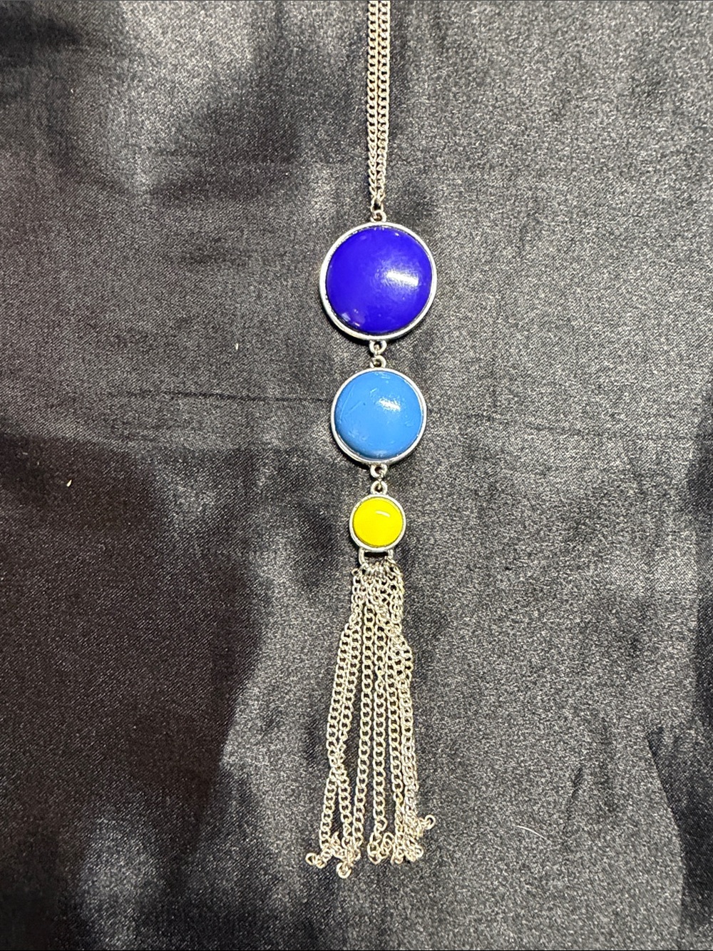 Silver Tassel Pendant Necklace with Royal Blue, Sky Blue and Yellow Discs